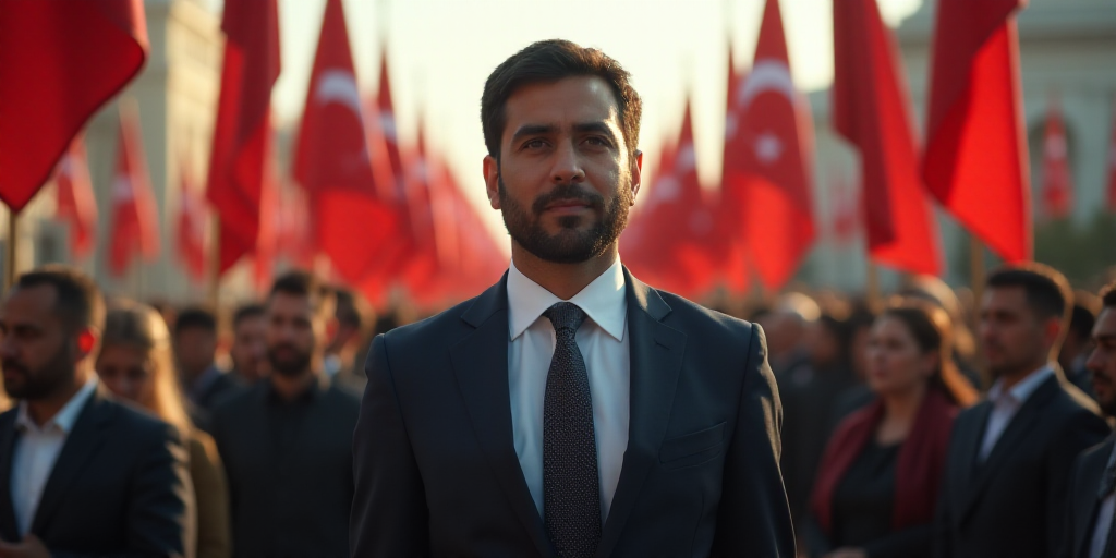 a man in a suit and tie standing in front of a crowd of people with flags in the background, Altoon