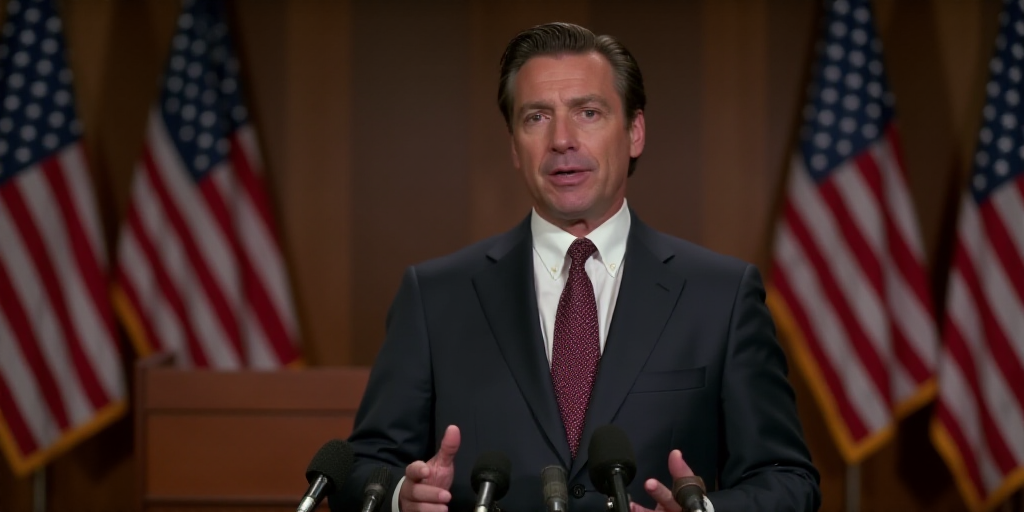 a man in a suit and tie standing in front of american flags and microphones in a room with a podium,