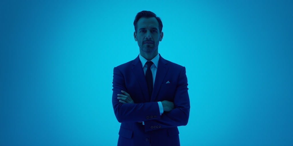a man in a suit and tie standing with his arms crossed in front of him with a blue background, Estua