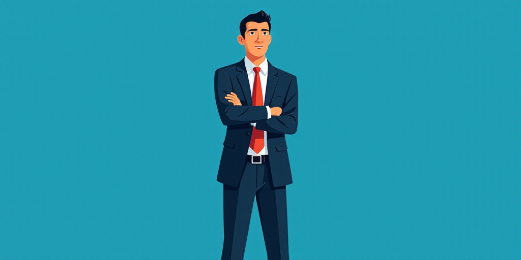 a man in a suit and tie standing with his arms crossed in front of him, with a blue background, Carl