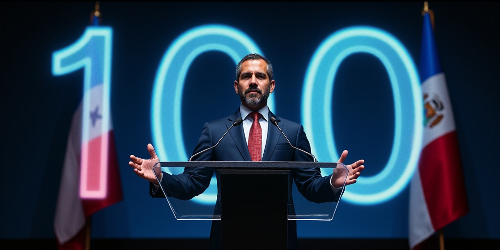 a man in a suit and tie standing at a podium with a flag behind him and a sign that says 100, Carlos
