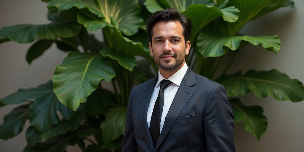 a man in a suit and tie standing in front of a plant with leaves on it and a plant behind him, Carlo