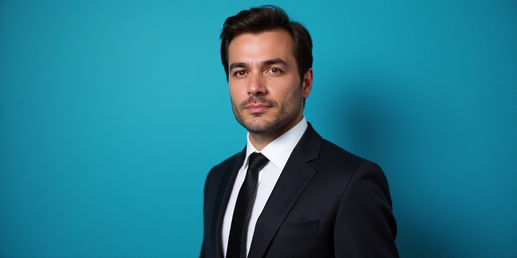 a man in a suit and tie standing in front of a blue background with a black and white photo, Alejand