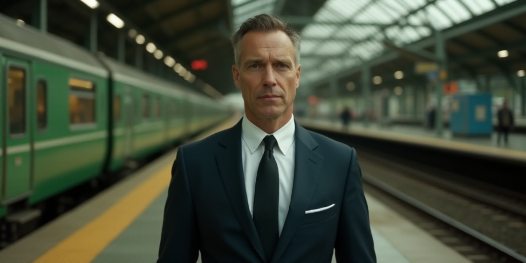 a man in a suit and tie standing in front of a train at a station with a green train behind him, Don