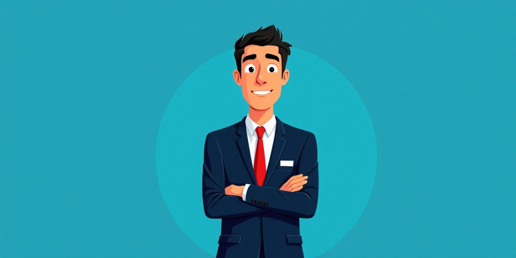 a man in a suit and tie standing with his arms crossed in front of him, with a blue background, Carl