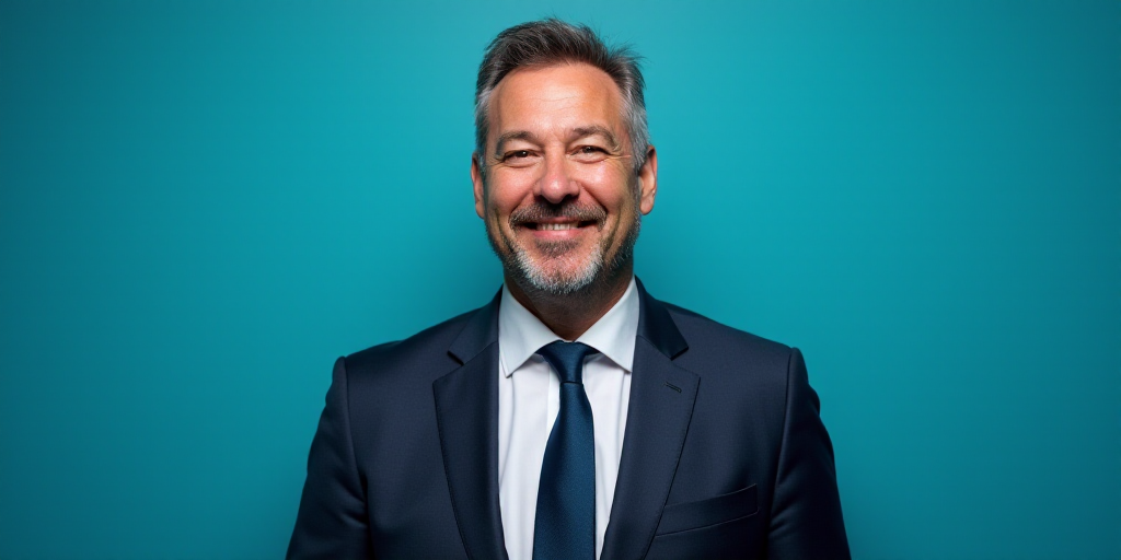 a man in a suit and tie standing in front of a blue background with a caption that reads demeterio s
