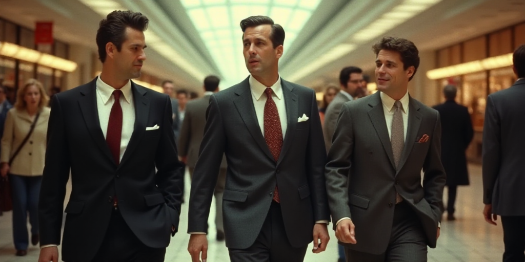 a man in a suit and tie walking with two other men in a crowd of people in a mall, Anne Dunn, kodach