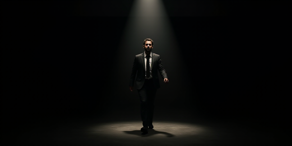 a man in a suit and tie walking in a dark room with a spotlight on his face and a black background,