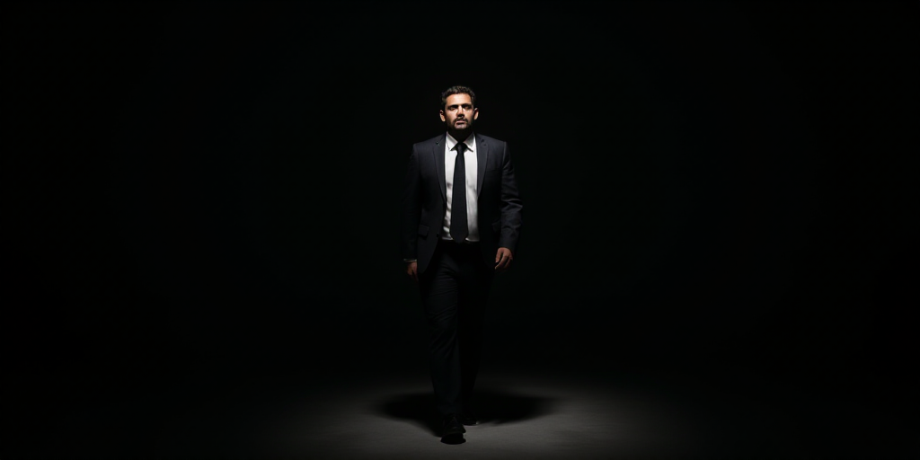 a man in a suit and tie walking in a dark room with a spotlight on his face and a black background,