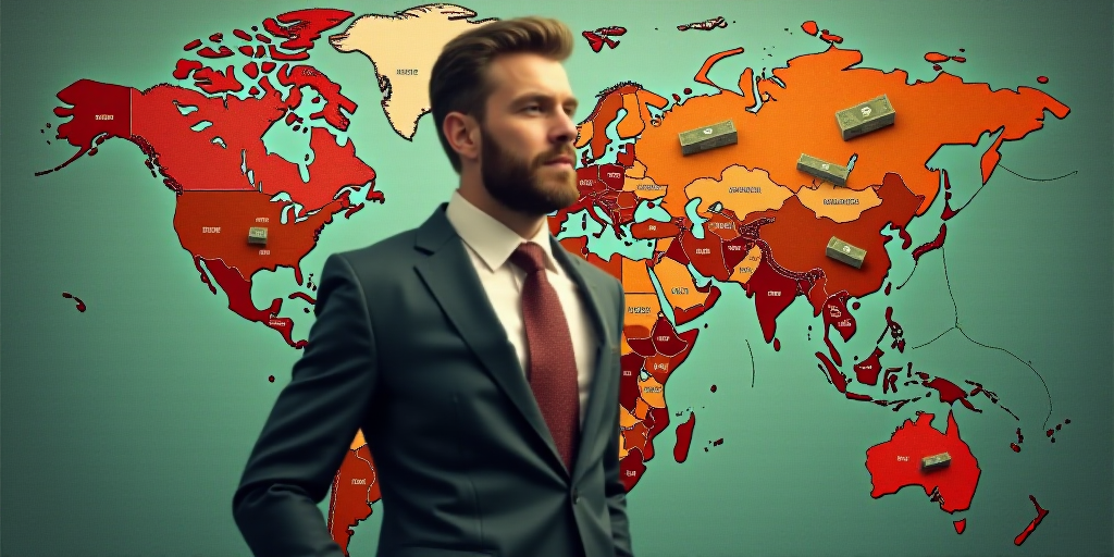 a man in a suit and tie with a percentage sign over a map of the world with money around him, Andrie