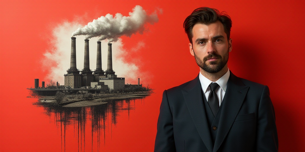 a man in a suit and tie with a red background and a collage of images of a factory, Andries Stock, h