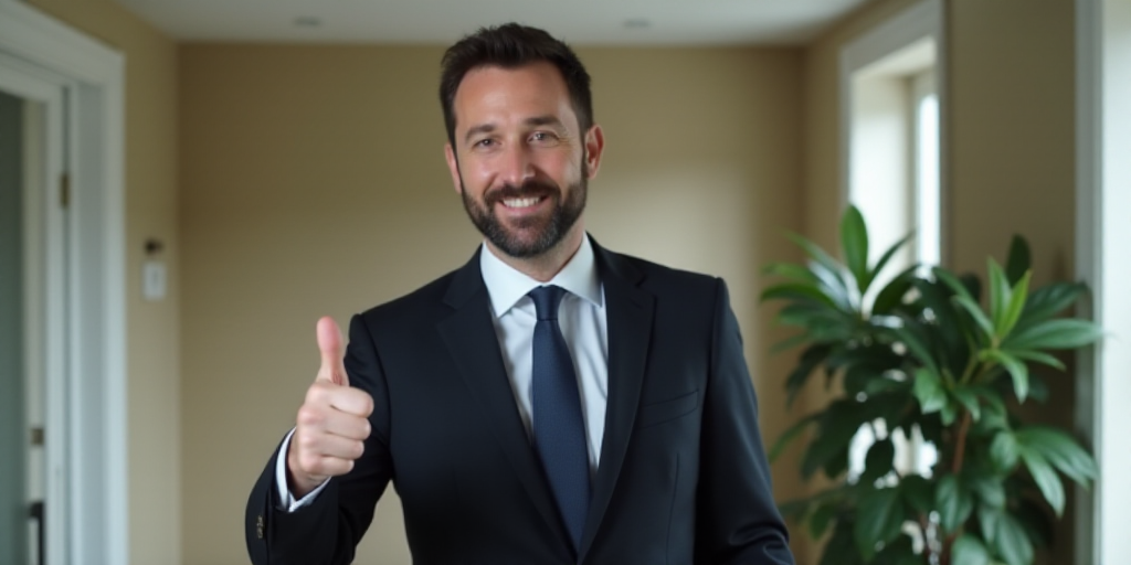 a man in a suit giving a thumbs up sign in a room with a potted plant in the background, Donald Roll
