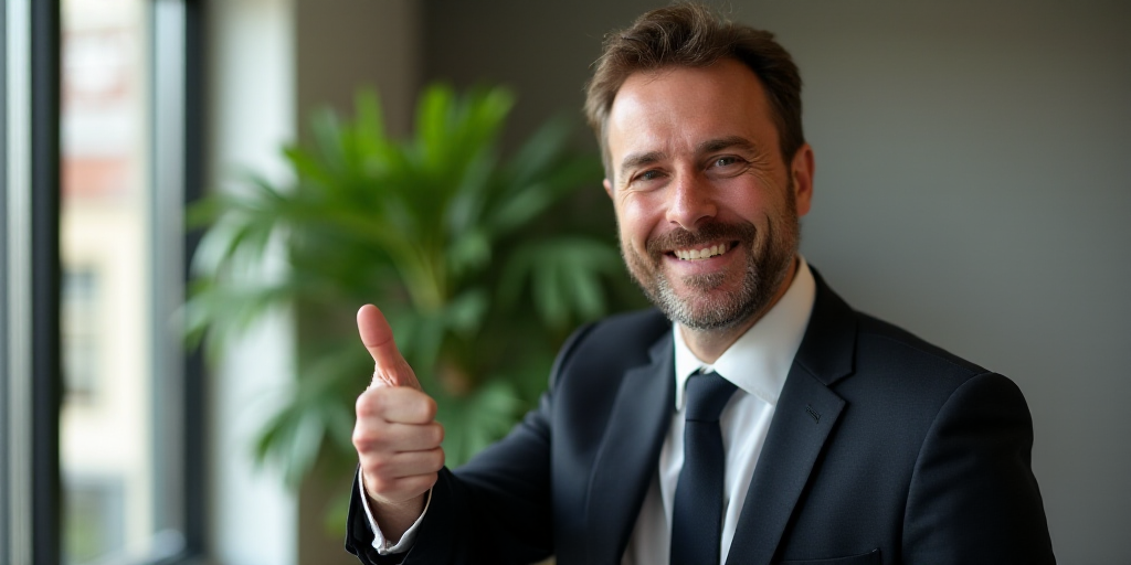 a man in a suit giving a thumbs up sign in a room with a potted plant in the background, Donald Roll