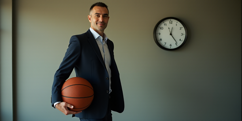 a man in a suit holding a basketball in his hand and a clock on the wall behind him in a room, ESAO,
