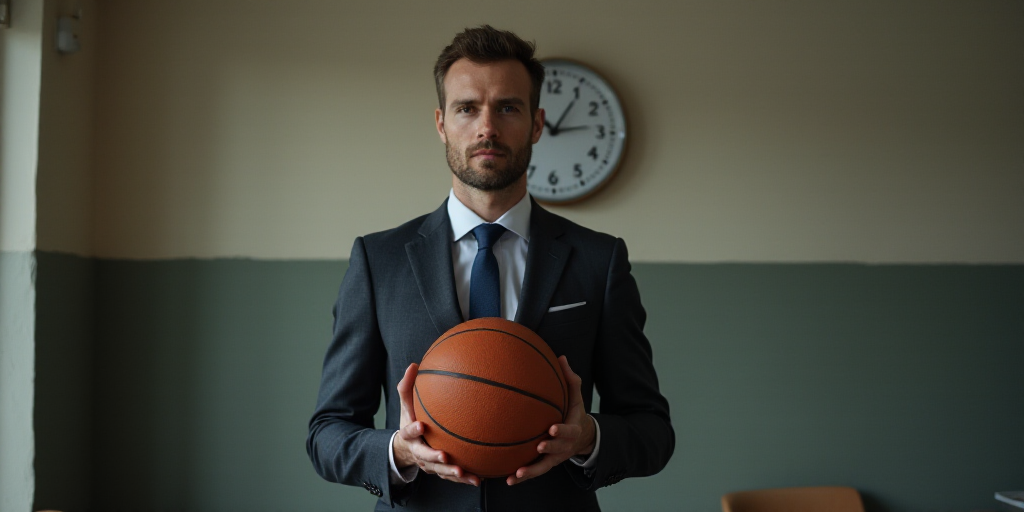 a man in a suit holding a basketball in his hand and a clock on the wall behind him in a room, ESAO,