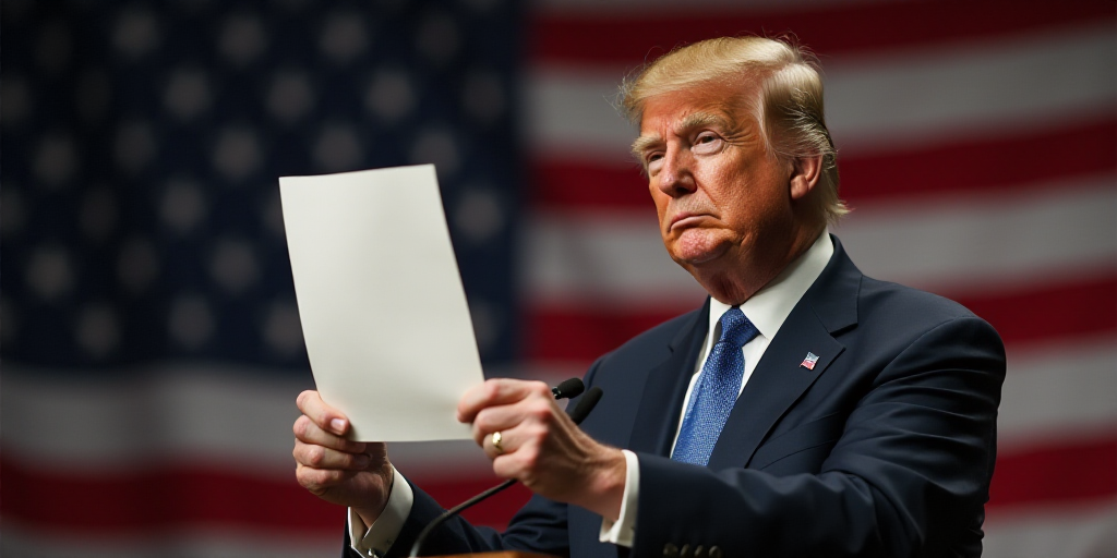 a man in a suit holding up a document in front of a microphone and american flag in the background,