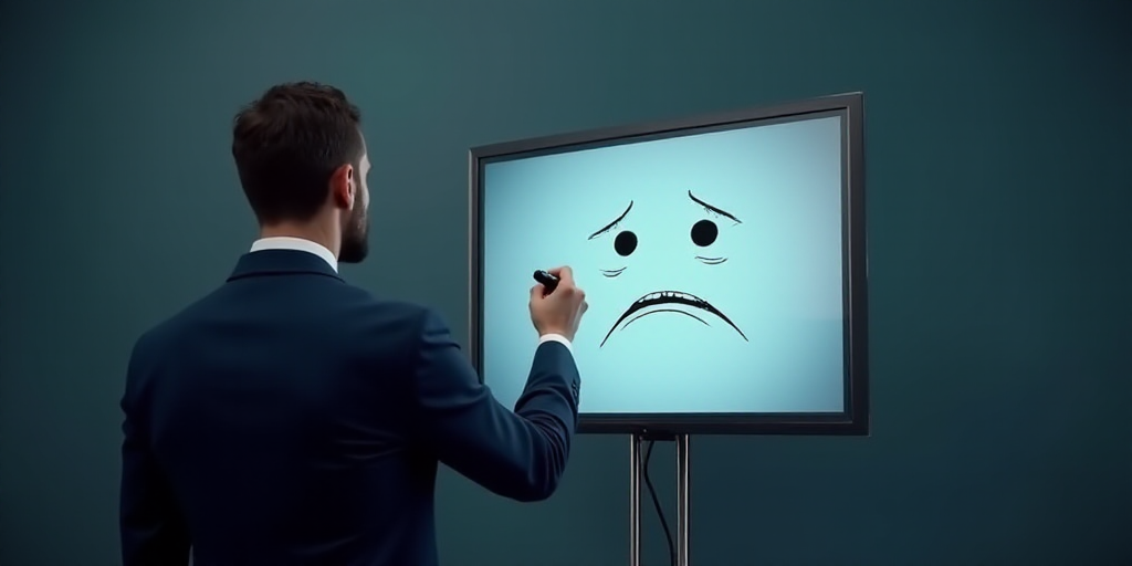 a man in a suit is drawing a sad face on a screen with a marker and a marker pen, Évariste Vital Lu