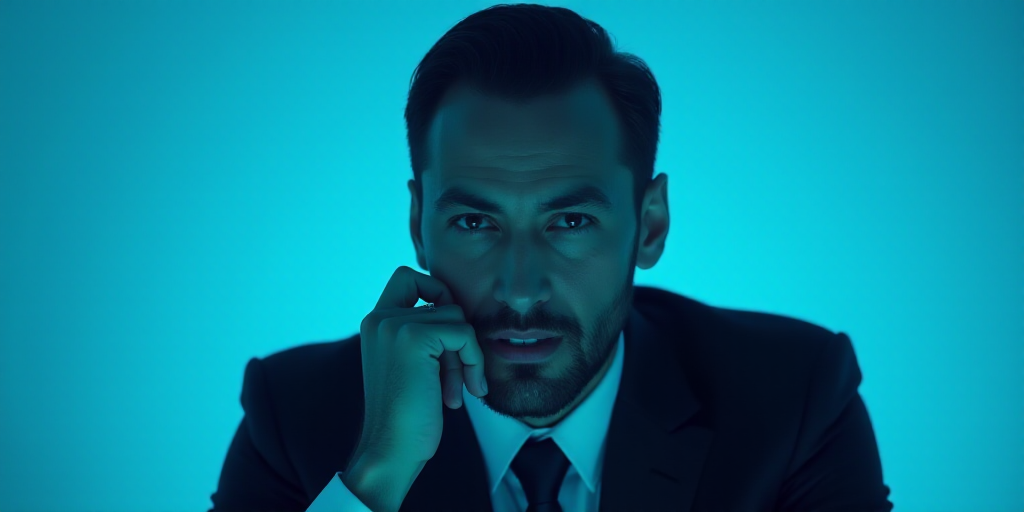 a man in a suit is posing for a picture with his chin resting on his hand, with a blue background, A