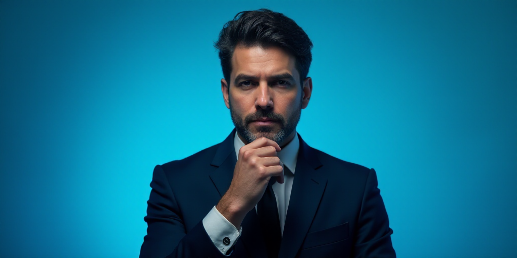 a man in a suit is posing for a picture with his chin resting on his hand, with a blue background, A