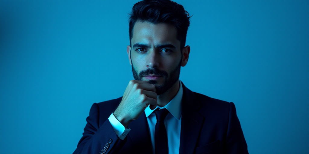 a man in a suit is posing for a picture with his chin resting on his hand, with a blue background, A