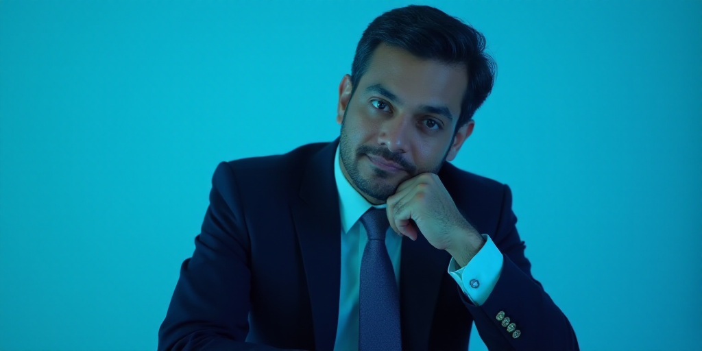 a man in a suit is posing for a picture with his chin resting on his hand, with a blue background, A