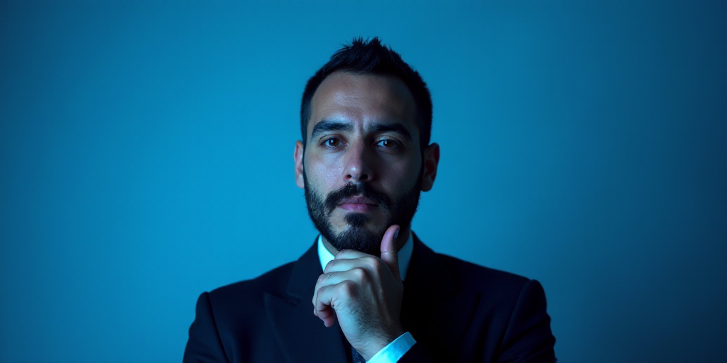a man in a suit is posing for a picture with his chin resting on his hand, with a blue background, A