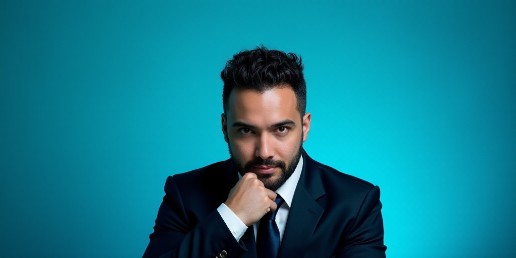 a man in a suit is posing for a picture with his chin resting on his hand, with a blue background, A