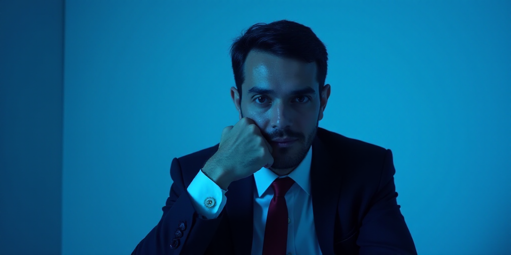 a man in a suit is posing for a picture with his chin resting on his hand, with a blue background, A