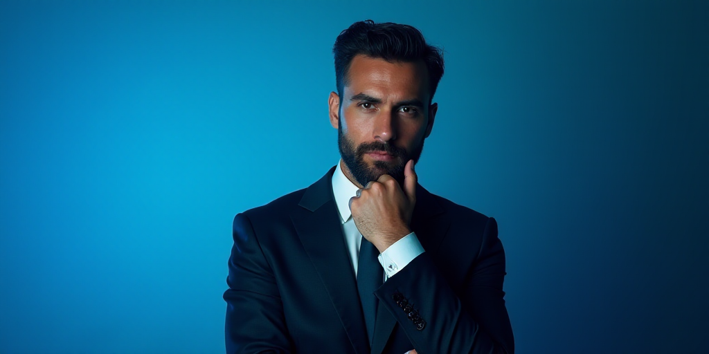 a man in a suit is posing for a picture with his chin resting on his hand, with a blue background, A