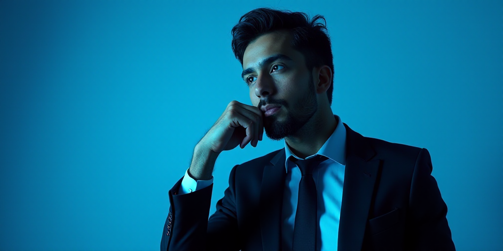 a man in a suit is posing for a picture with his chin resting on his hand, with a blue background, A