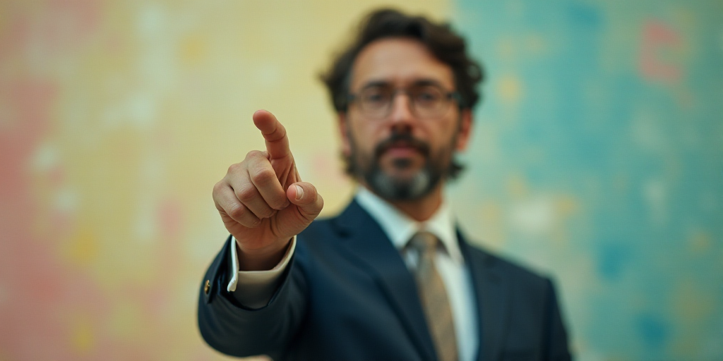a man in a suit pointing at something with his finger in the air and a blurry background of the imag