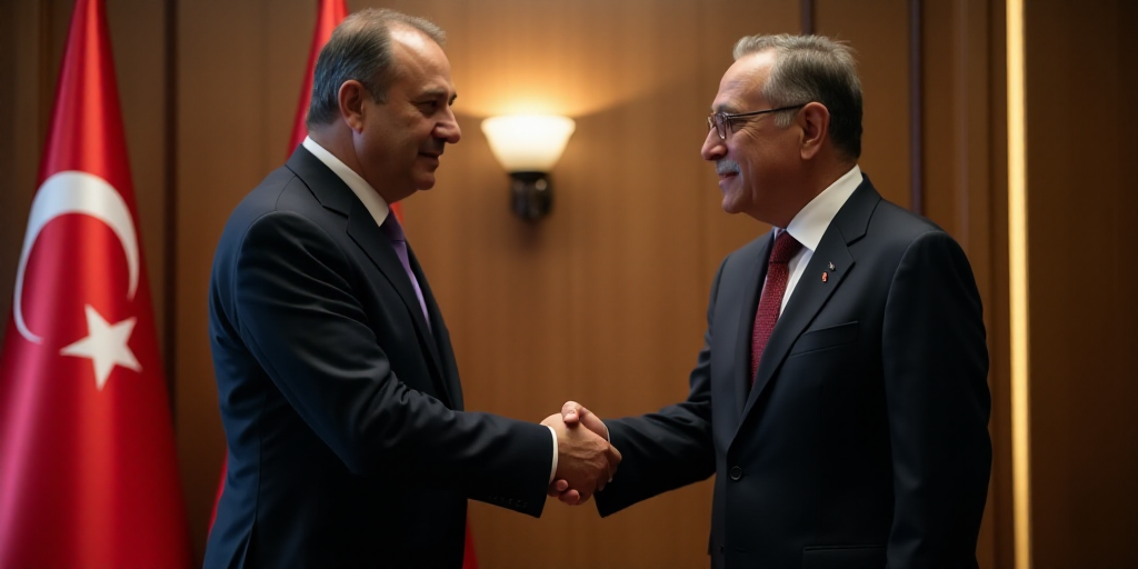 a man in a suit shaking hands with a man in a suit and tie in front of a flag, Fikret Muallâ Saygı