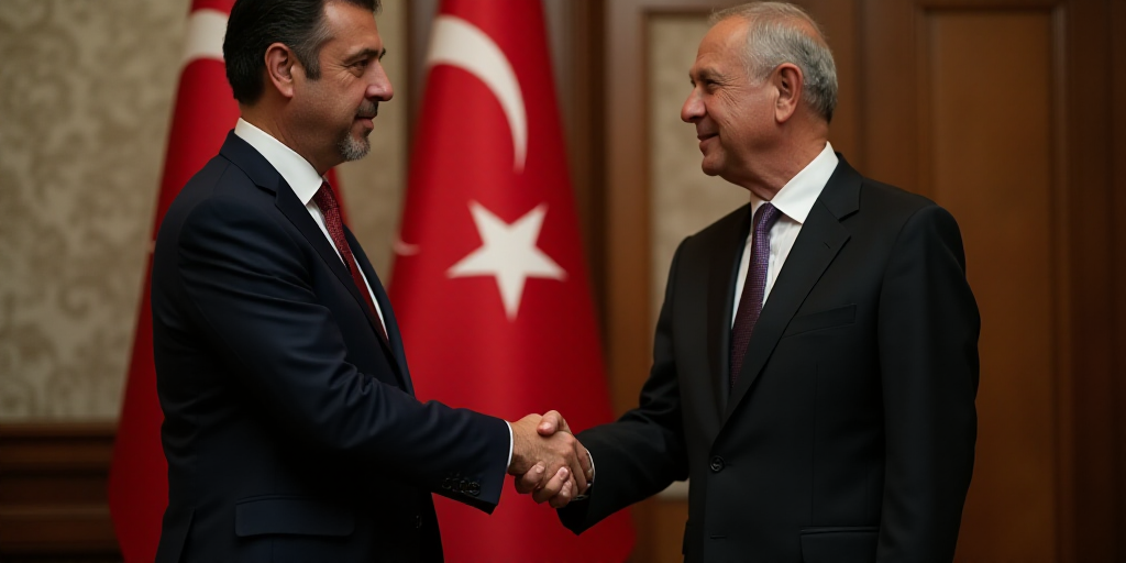a man in a suit shaking hands with a man in a suit and tie in front of a flag, Fikret Muallâ Saygı