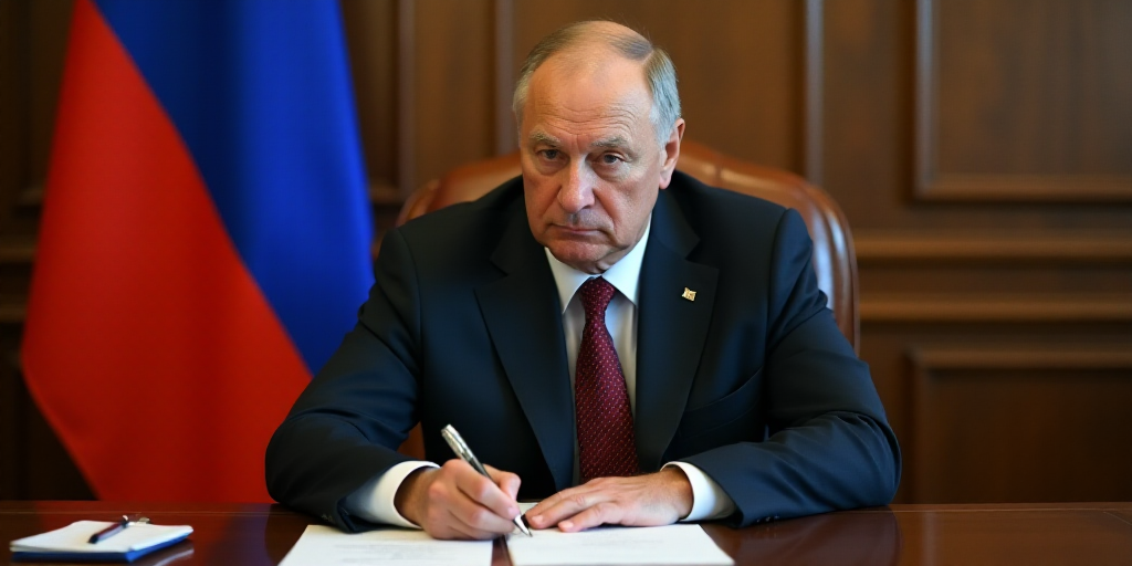 a man in a suit sitting at a table with a pen in his hand and a russian flag in the background, Bori