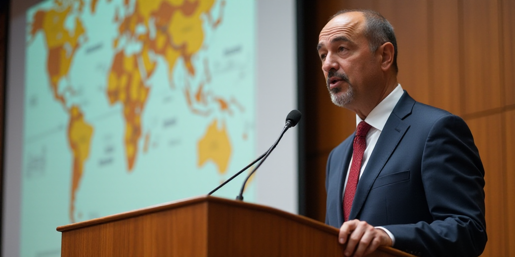 a man in a suit speaking into a microphone while standing next to a wall with a map on it, Edi Rama,