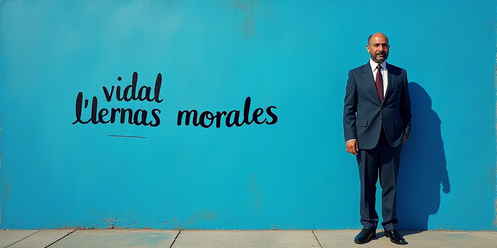 a man in a suit standing in front of a blue background with the words vidal llernas morales, Eduardo