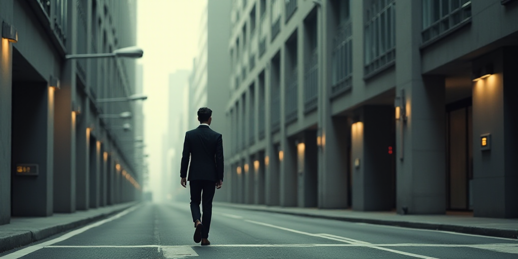 a man in a suit walking down a street past a tall building with a street light on it's side, Chizuko