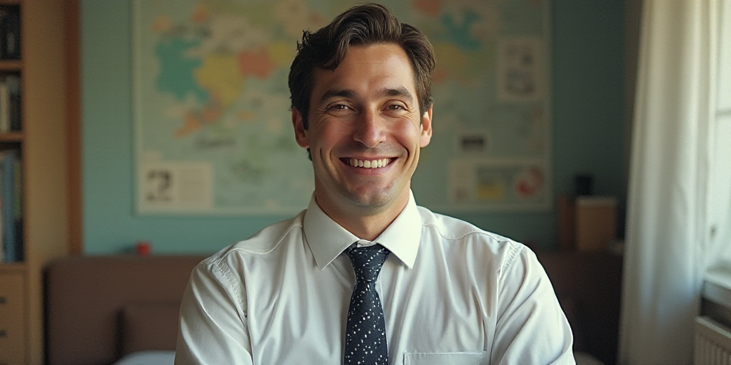 a man in a tie is smiling for the camera with a caption in spanish above him that reads, enrique cam
