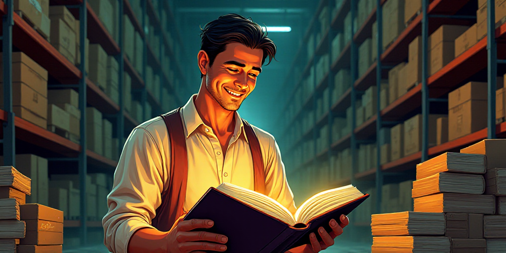 a man in a warehouse looking at a book in his hands and reading it with a smile on his face, Carlos