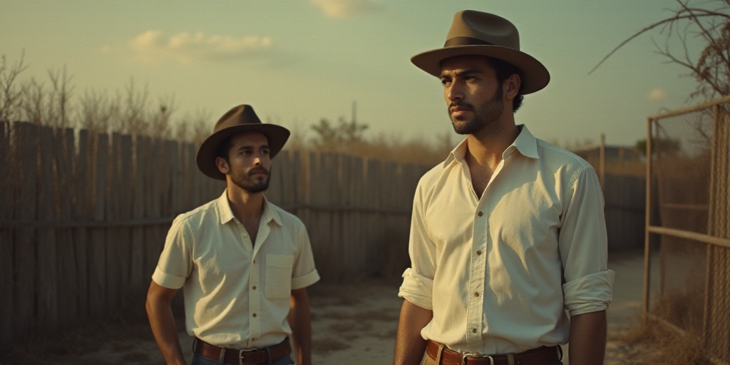 a man in a white shirt and a man in a brown hat are standing in a room with a fence, Anthony Devas,