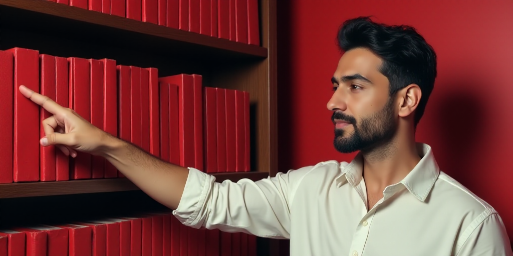 a man in a white shirt is pointing at a book shelf with red books on it and a red book case behind h