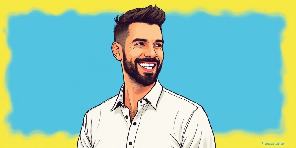 a man in a white shirt is smiling for a picture with a blue background and a yellow border around hi