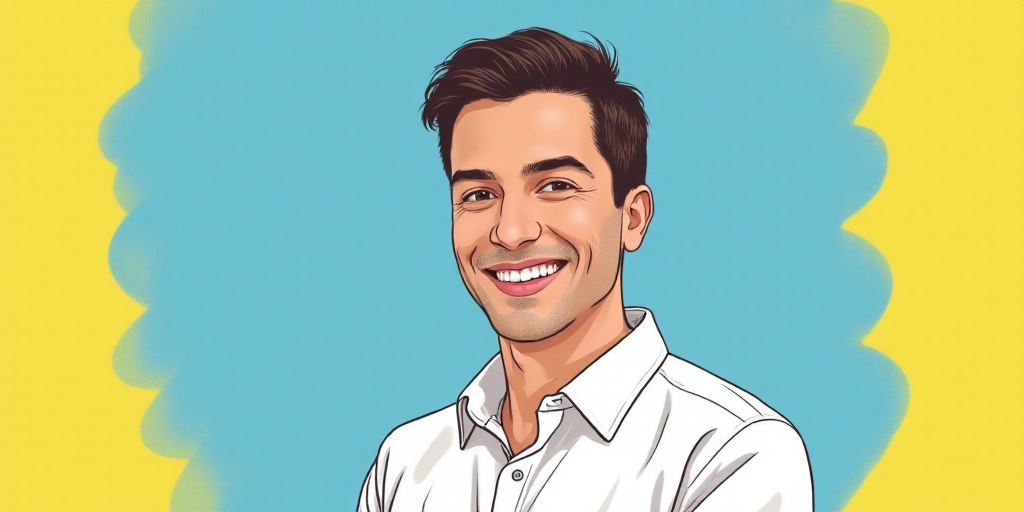 a man in a white shirt is smiling for a picture with a blue background and a yellow border around hi
