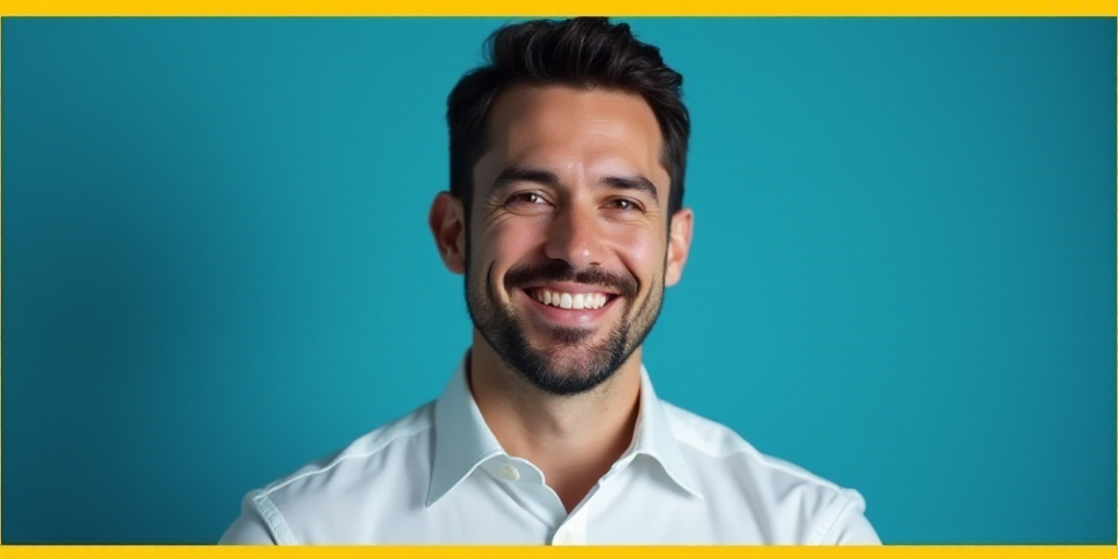 a man in a white shirt is smiling for the camera with a blue background and a yellow border around h