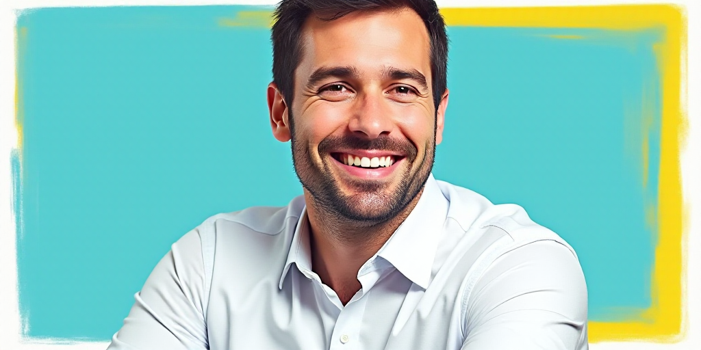 a man in a white shirt is smiling for a picture with a blue background and a yellow border around hi