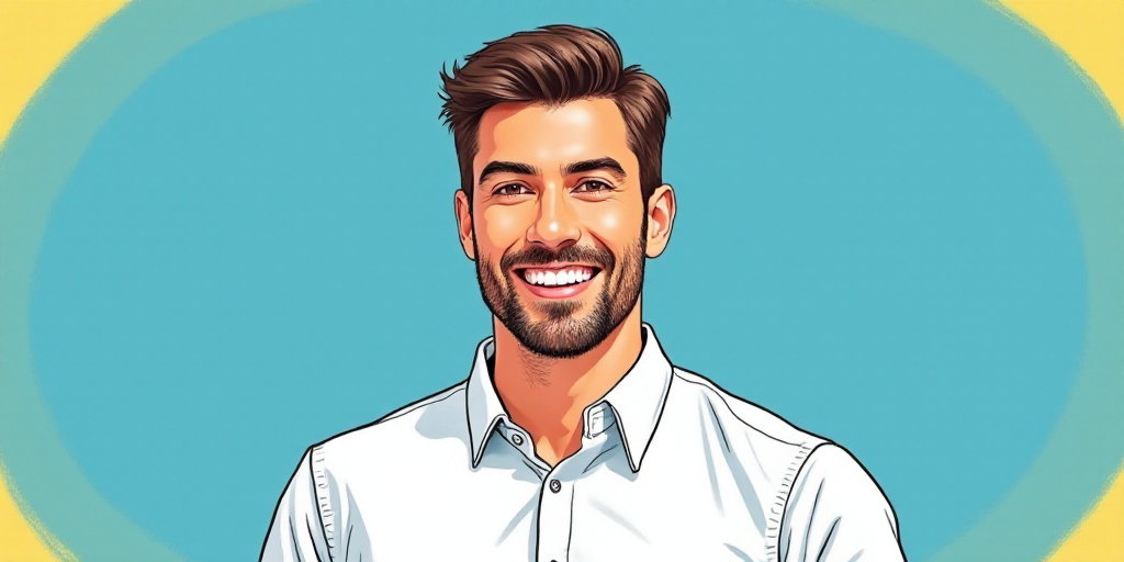 a man in a white shirt is smiling for a picture with a blue background and a yellow border around hi
