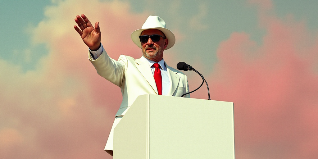 a man in a white suit and sunglasses waves from a podium while wearing a white hat and sunglasses an