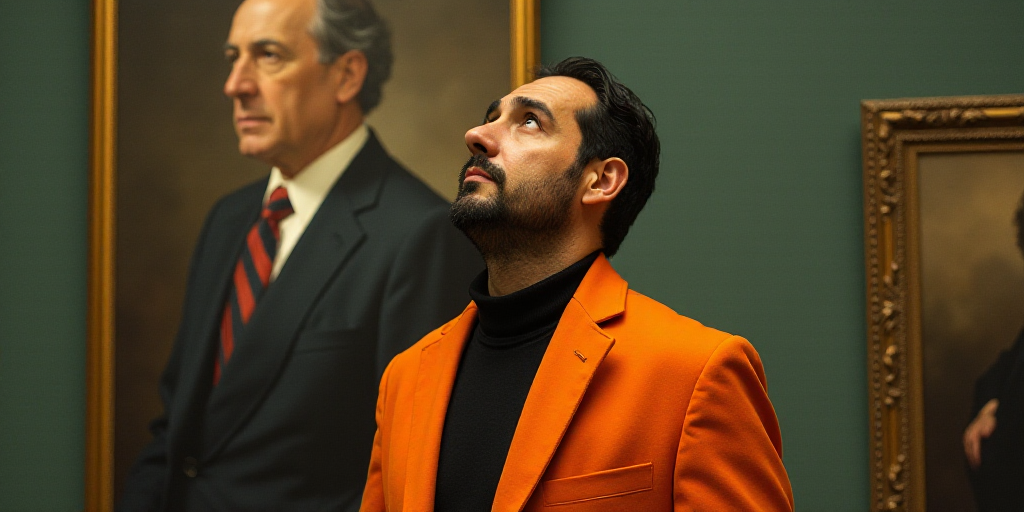 a man in an orange jacket looking up at something in the background with a painting behind him that