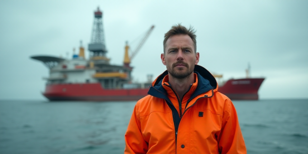 a man in an orange jacket standing in front of an oil rig and a large ship in the background, Consta