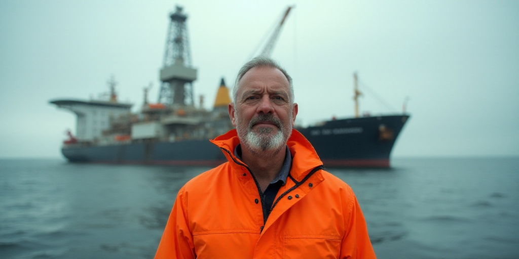 a man in an orange jacket standing in front of an oil rig and a large ship in the background, Consta